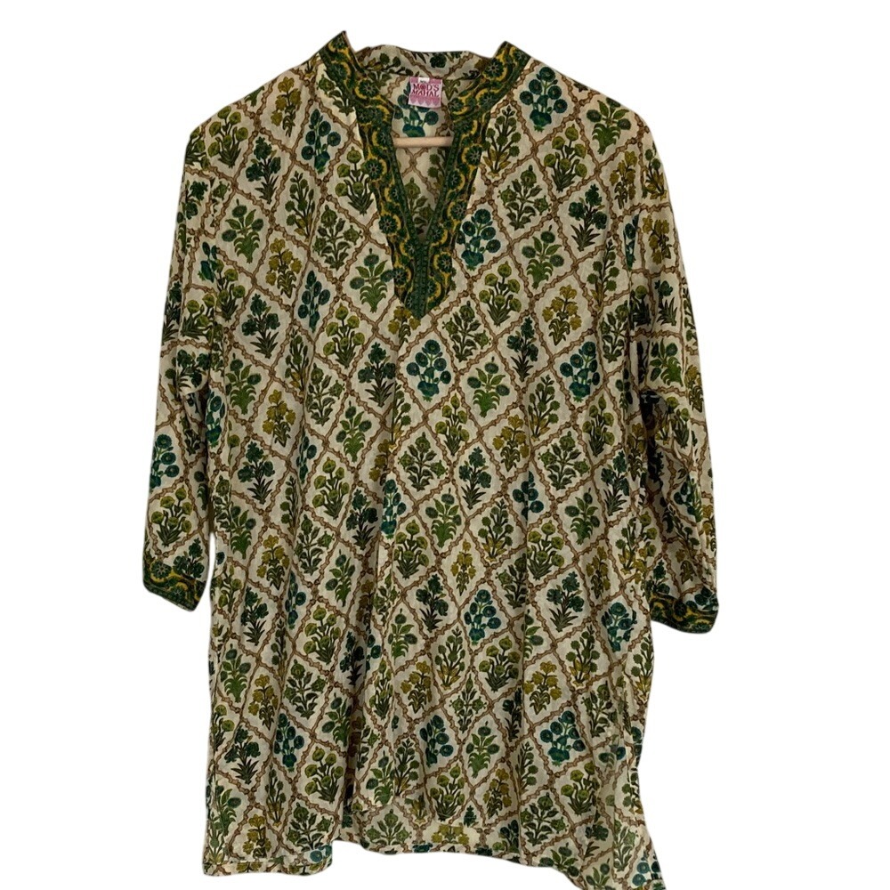 Mod's Mahal Womens Tunic Blouse Size XL Green Cream Botanical Pattern 3/4 Sleeve